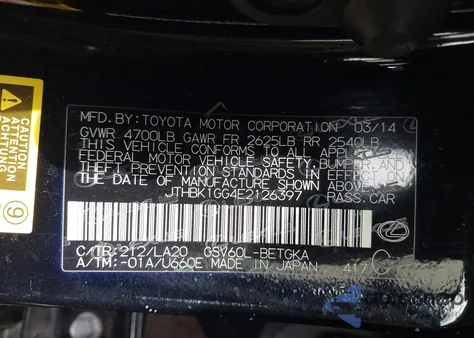 2014 Lexus Es 350 from USA, damaged, VIN JTHBK1GG4E2126397